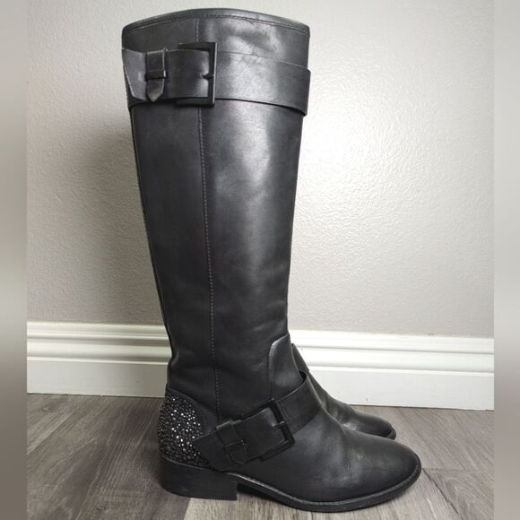 Brian Atwood Diva Black leather crystal embellished knee high riding boots 6.5 - Picture 5 of 10